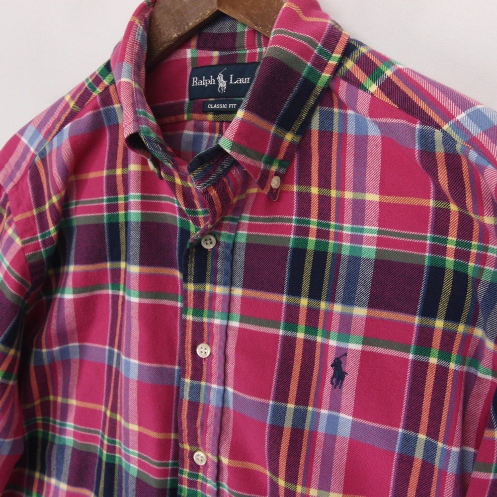 Ralph Lauren Flannel Shirt Mens L Pink Plaid Classic Fit Long Sleeve Button Down - Picture 3 of 9